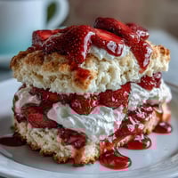 Classic Strawberry Shortcake with Biscuit Layers: golden biscuits layered with juicy strawberries and fluffy whipped cream.