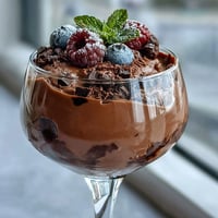 Velvety chocolate mousse with cottage cheese, rich cocoa, and a hint of vanilla, topped with fresh berries.
