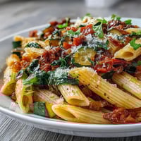 Hearty one-pot budget-friendly pasta with colorful vegetables, tender penne, and rich tomato broth, topped with Parmesan cheese.