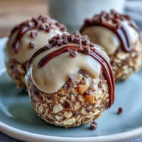 No-bake peanut butter oat bites with chocolate chips on a white plate.