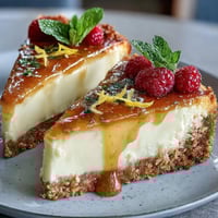 Creamy no-bake lemon cheesecake layered in jars with a buttery graham cracker crust and zesty lemon curd, garnished with fresh berries.