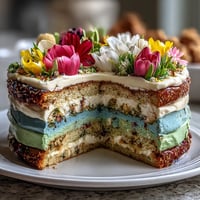 Pastel Ombre Spring Cake with Floral Topper: A delicate, multi-layered dessert featuring soft gradient colors and a vibrant edible flower crown.