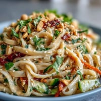 Creamy Thai peanut noodles with crisp vegetables and fresh herbs in a vibrant lime sauce, served chilled for a refreshing meal.