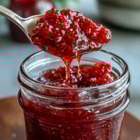 Vibrant raspberry lemon chia jam in a glass jar, bright red with citrus zest and chia seeds, ready to spread on toast.